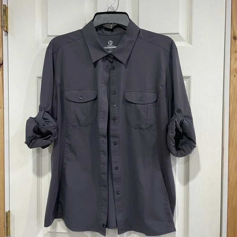 Merrell Women’s XL Button-Up Long Sleeve Shirt Hiking Grey GUC